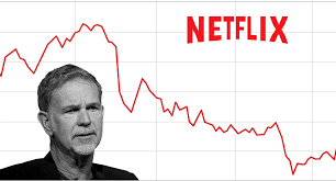 A falling share price chart with Netflix's logo and its founder, Reed Hastings